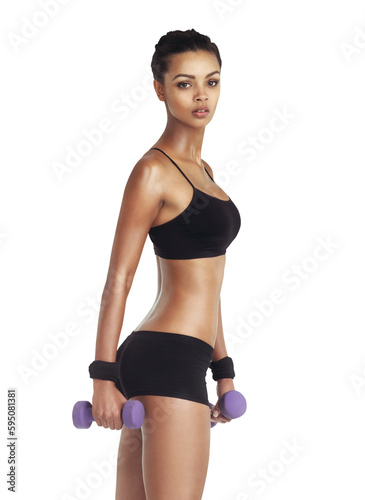 Portrait, woman and dumbbell fitness focus for weight loss, bodybuilding or cardio. Body, sports workout and a training athlete girl isolated on a transparent png background for sport and strength