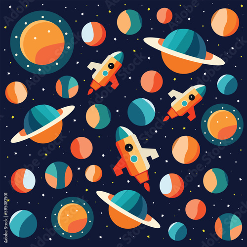 A pattern of planets and rockets in space.