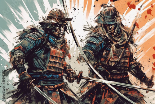 Battle of two samurai with katanas in traditional armor. Medieval Japanese warriors. The soldiers are fighting. generated by AI