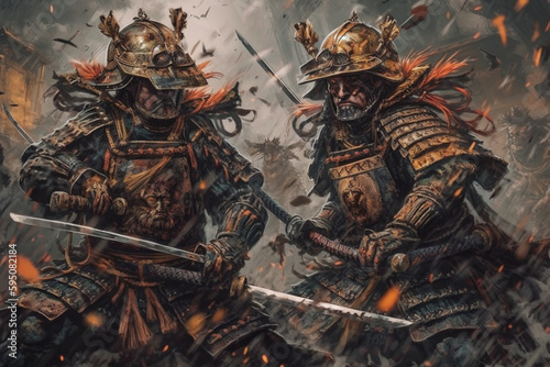 illustration of two samurai. medieval japanese warriors. AI generated