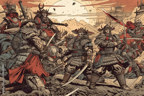 medieval battle of Japanese warriors. Samurai battle. AI generated