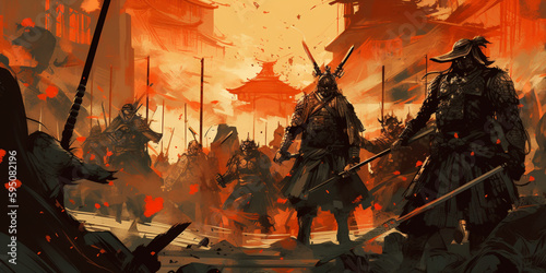 medieval battle of Japanese warriors. Samurai battle. AI generated