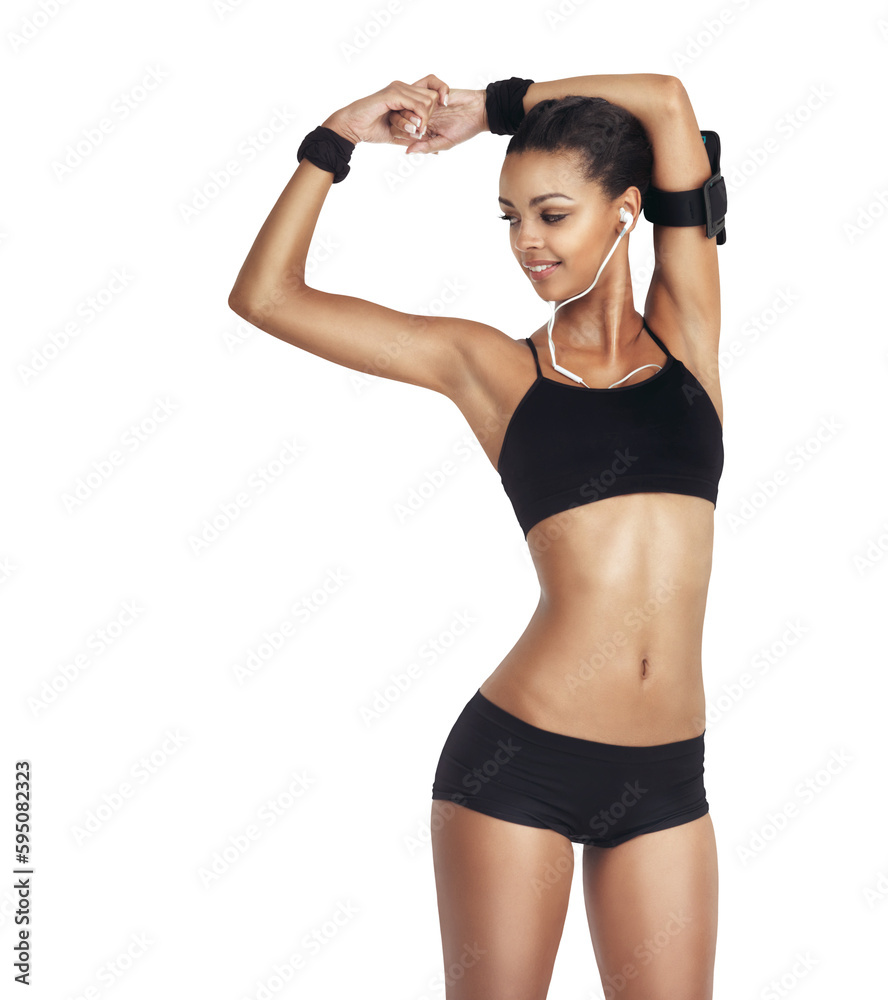 Fitness, body and stretching girl with phone, earphones and music, workout motivation and focus in gym. Health, exercise and woman sports model with headphones isolated on transparent, png background Fitness, body and stretching girl with phone, earphones and music, workout motivation and focus in gym. Health, exercise and woman sports model with headphones isolated on transparent, png background