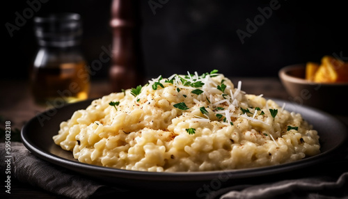 Freshly cooked vegetarian risotto on rustic table generated by AI