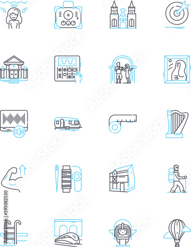 Tech Talks linear icons set. Innovations, Experts, Technology, Ideas, Solutions, Trends, Gadgets line vector and concept signs. Future,Inspiration,Knowledge outline illustrations