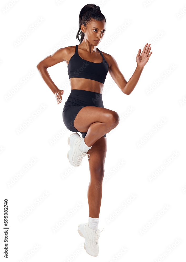 Exercise, fitness and woman running isolated on a transparent png  background. Sports, cardio and Indian female runner jumping, sprinting and  training, workout and determined for health and wellness. Stock Photo