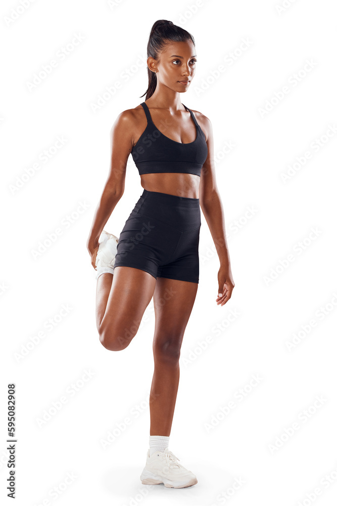 Woman stretching, full body warm up for run and fitness with cardio  isolated on transparent, png background. Sports, ready for exercise and  Indian female runner with focus in sportswear and training Stock