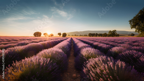 A captivating image of a field of lavender, with rows of vibrant purple flowers stretching into the distance, framed by a clear blue sky and illuminated by warm sunlight © CanvasPixelDreams