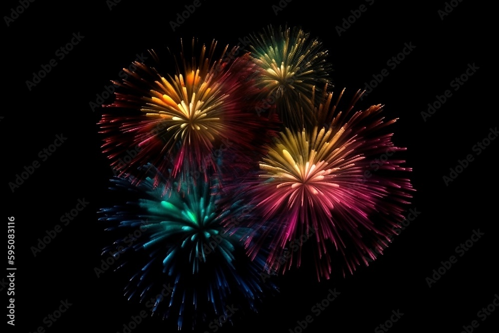 Colorful Firework on Black Background. Isolated Illustration with Glowing Lights