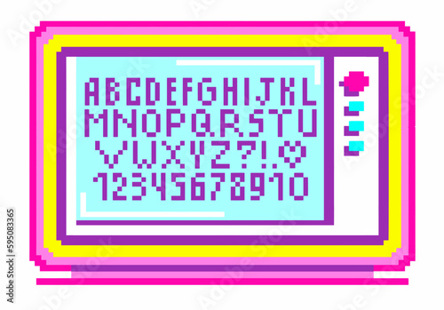 Pixel art font and numbers for text design. Retro computer screen with 8bit alphabet. Vector illustration.