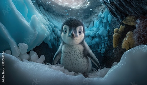 Baby penguin inside a glacier. Created with generative Ai technology