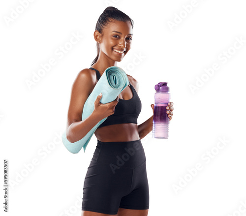 Photo Happy woman in portrait, smile with yoga mat and water bottle with fitness isolated on transparent, png background