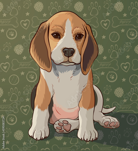 Beagle puppy and handmade vector illustrated pattern