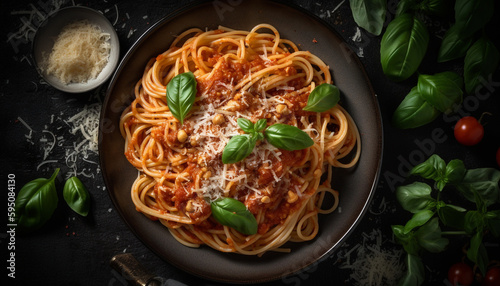Freshly cooked Italian pasta with Bolognese sauce generated by AI