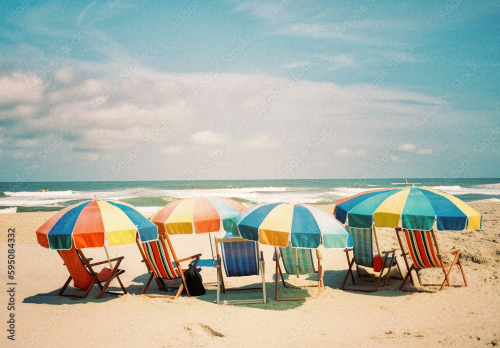 A Landscape Shot of a Beach with Beach Chairs and Colorful Umbrellas - generative AI