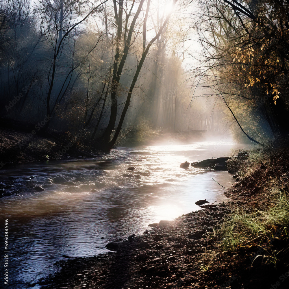 A Landscape Shot of a River Flowing Through a Forest on a Misty Morning - generative AI A Landscape Shot of a River Flowing Through a Forest on a Misty Morning - generative AI