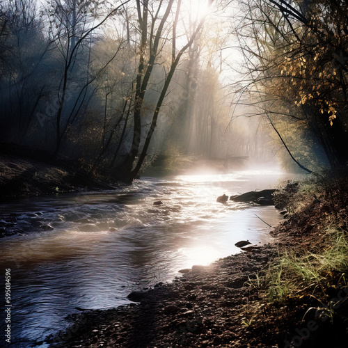 A Landscape Shot of a River Flowing Through a Forest on a Misty Morning - generative AI