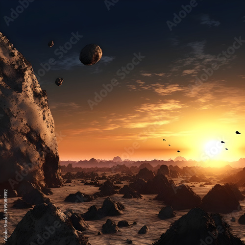 Generative AI illustrations, Asteroids flying in space fall on planet,