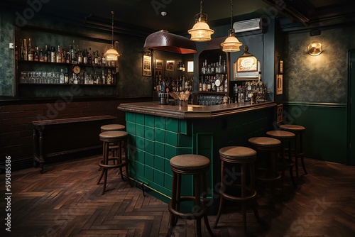 British pub green bar counter with alcohol on shelves with bar stools and brick walls. Loft style bar pub interior design. Generative AI