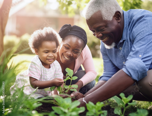 Close-up of black grandfather and grandmother with toddler granddaughter, smiling and planting together in the garden.  Illustration created with Generative AI technology.