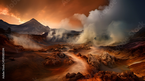 A breathtaking image of a volcanic landscape  with the stark  rugged terrain and steaming vents juxtaposed against the vibrant colors of mineral deposits and the dramatic sky