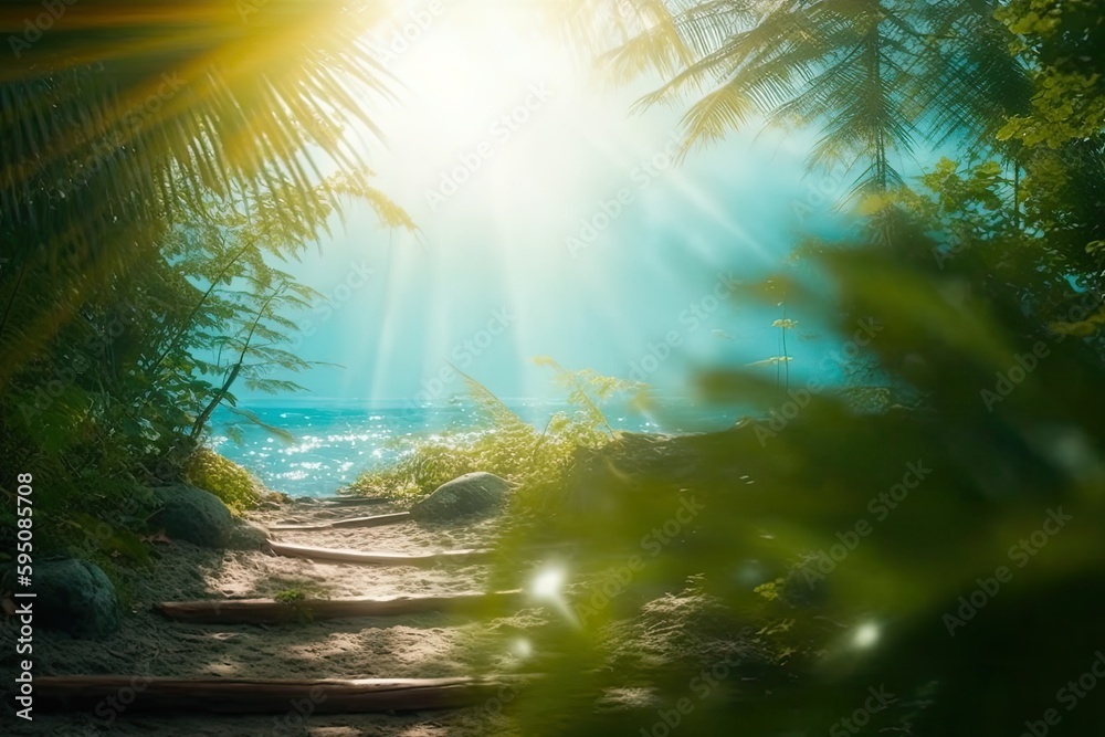 Beautiful natural green palm leaves on blur tropical beach with bokeh sun light waves abstract background. Generative AI.