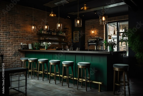 Fototapeta British pub green bar counter with alcohol on shelves with bar stools and brick walls