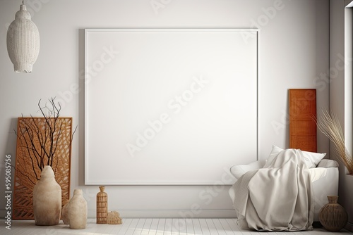 Boho style lounge with a blank canvas. Mockup/copyspace for product/design placement created using generative AI tools