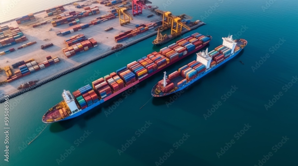 Freight terminal with container cargo ships in the water. Generative AI
