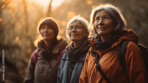 Fictional person. Group of aging elderly senior baby boomer women getting fit, exercising, and general wellness outdoor activities. Hiking and nature walks. Created using generative AI.