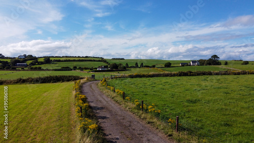 A country road between green fields in Ireland. Blue sky over grass fields. Irish summer landscape. Green grass field under blue sky