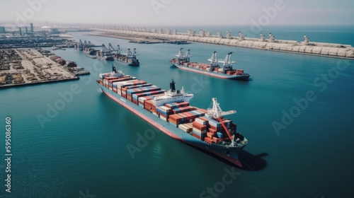 Freight terminal with container cargo ships in the water. Generative AI © Collab Media