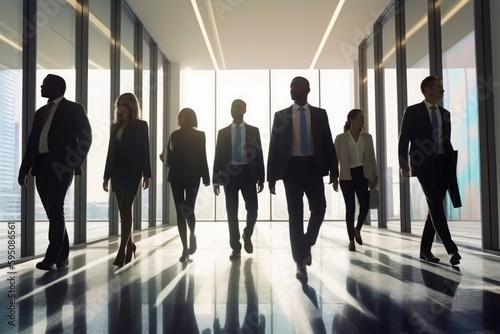 group of business people walking side by side together in office with tall large windows, elite business suit high rank society discussion, generative ai photo