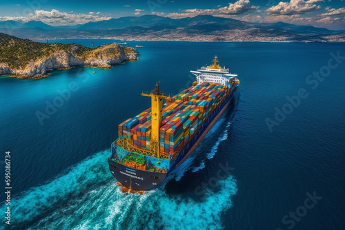 Aerial view of a cargo ship with contrail over the ocean, carrying containers and sailing towards export, depicting technology in freight shipping by a ship forwarder mast. Generative AI.