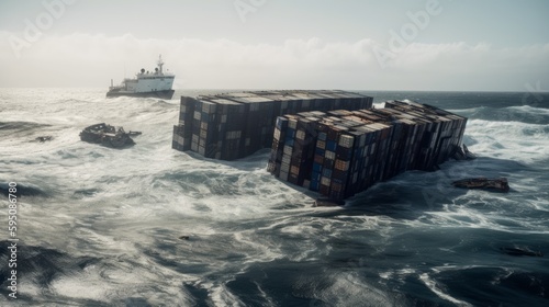 Cargo ship transporting containers in the ocean. Generative AI