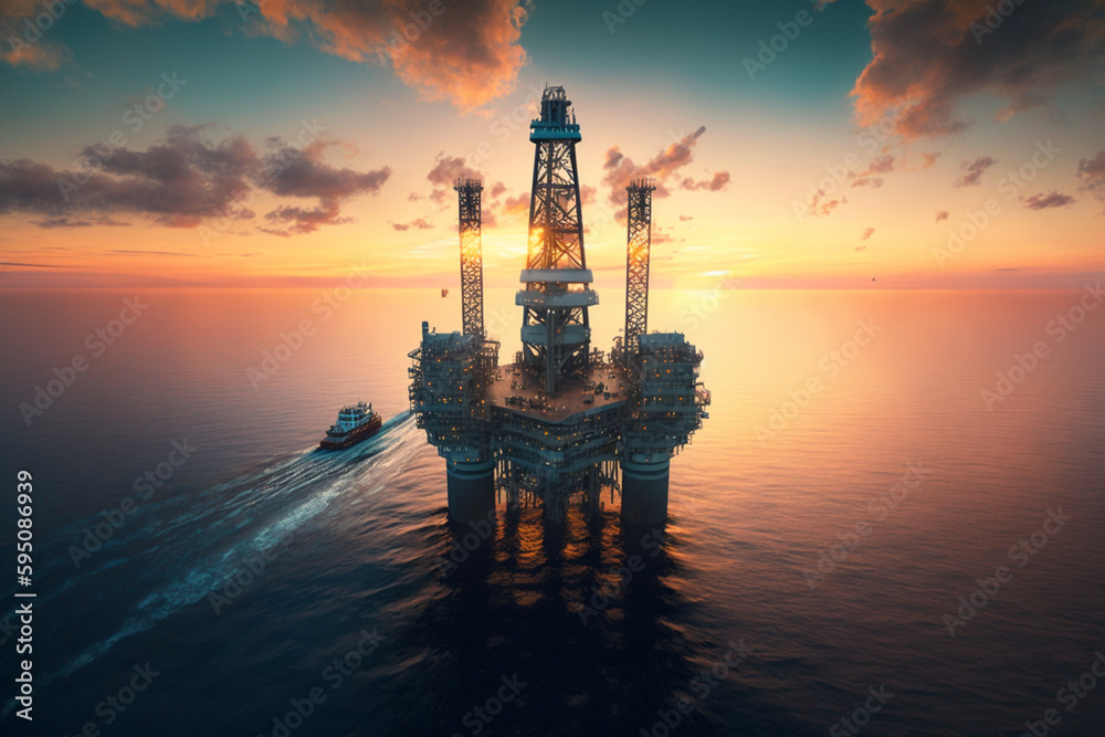 Offshore jack-up rig in the middle of the sea at sunset, capturing the serene beauty of the ocean. Generative AI.
