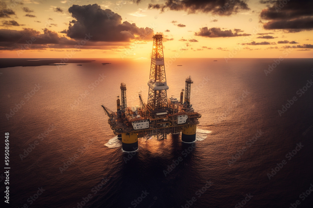 Jack-up rig positioned in the middle of the sea during sunset, creating a breathtaking scenery. Generative AI