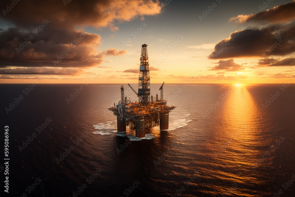 Jack-up rig positioned in the middle of the sea during sunset, creating a breathtaking scenery. Generative AI.