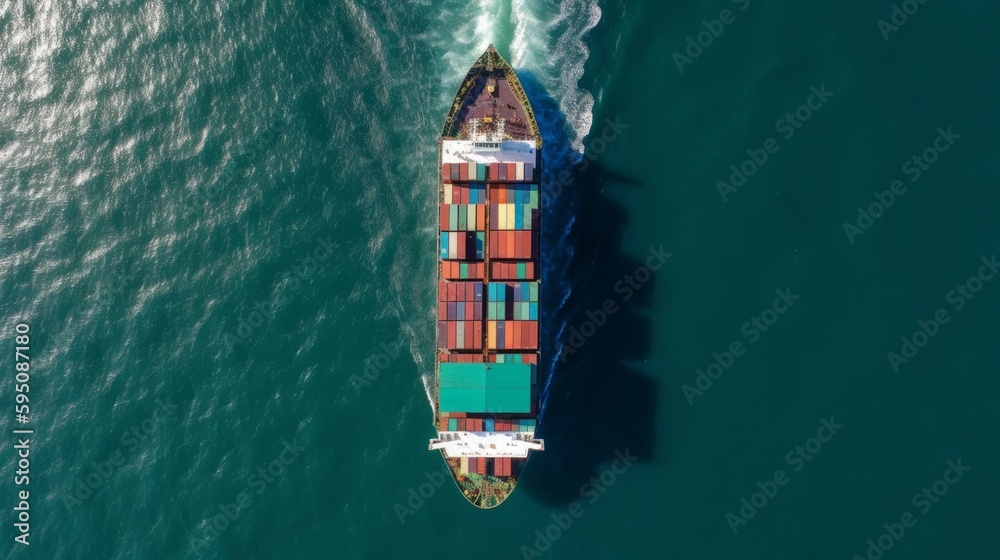 Top down view of cargo ship transporting containers in the ocean. Generative AI