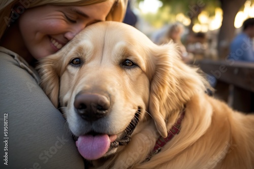 A woman hugs her pet, an adorable retriever dog, companionship for single people. Ai generated.