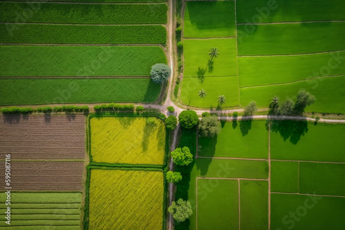 View from above of the rice paddy fields. Generative AI.