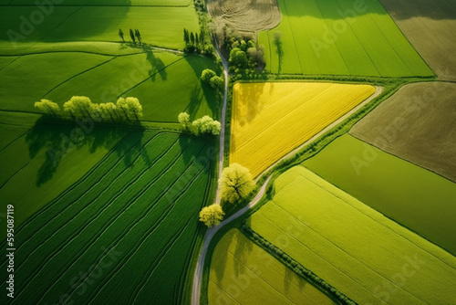 View from above of the rice paddy fields. Generative AI. photo
