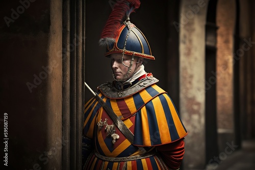 Representation of the guards of the Swiss guard of the Vatican, posing. Ai generated.