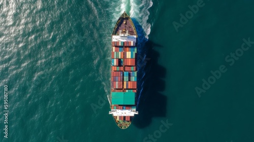 Top down view of cargo ship transporting containers in the ocean. Generative AI