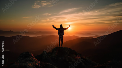 Silhouette of a person standing on a mountaintop, with arms raised in triumph against a colorful sunset sky. Showcasing the concept of success, achievement, and overcoming challenges.