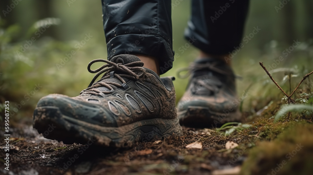 Close-up of a person's feet engaged in an outdoor activity, such as hiking, running, or cycling. Showcasing the concept of fitness, health, and active lifestyle.