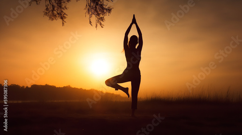 Fototapeta Naklejka Na Ścianę i Meble -  A silhouette of a woman in a yoga pose with the sun setting behind her. Use warm, golden tones to give the image a peaceful, relaxing feel. Add a white space at the bottom of the image for text or bra