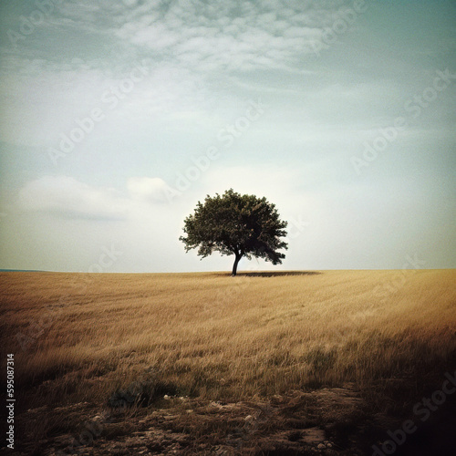 A Lone Tree in Minimalistic Landscape - generative AI