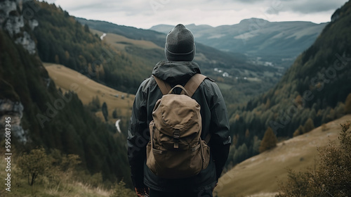 Rear view of a person hiking or trekking in a scenic natural setting, with their face not visible, and focusing on the landscape and surroundings. Showcasing the concept of adventure, exploration, and © Volodymyr Skurtul