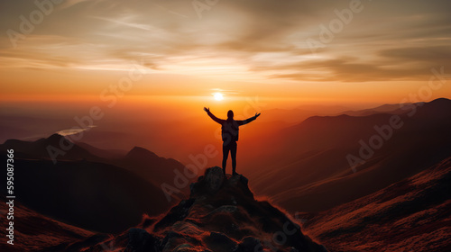 Silhouette of a person standing on a mountaintop, with arms raised in triumph against a colorful sunset sky. Showcasing the concept of success, achievement, and overcoming challenges.